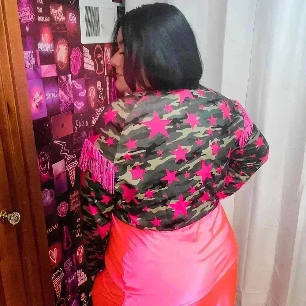 Plus Size & Straight Size Camo & Star Long Sleeve Tee w/ Pink Sequins Fringe